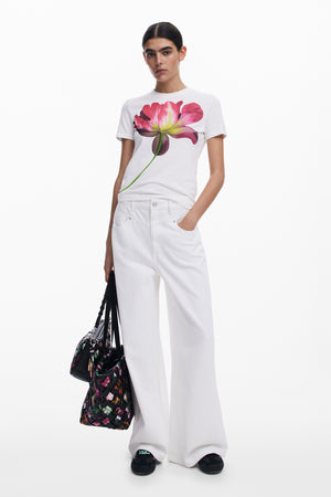 Desigual White T-Shirt with Pink Flower