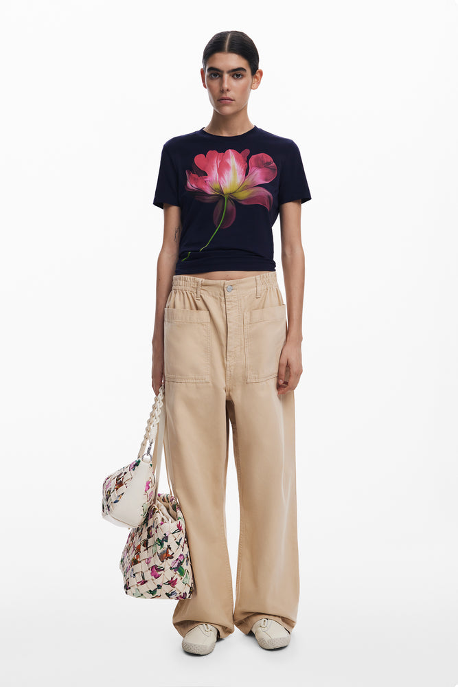 Desigual Navy T-Shirt with Pink Flower