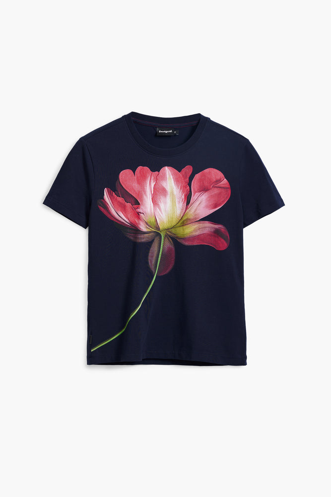 Desigual Navy T-Shirt with Pink Flower