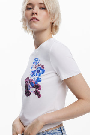 Desigual White T-Shirt with Blue Flowers