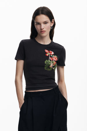 Desigual Black T-Shirt with Red Flowers