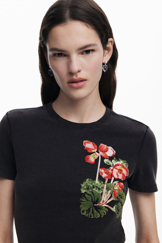 Desigual Black T-Shirt with Red Flowers