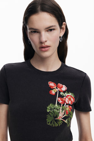 Desigual Black T-Shirt with Red Flowers
