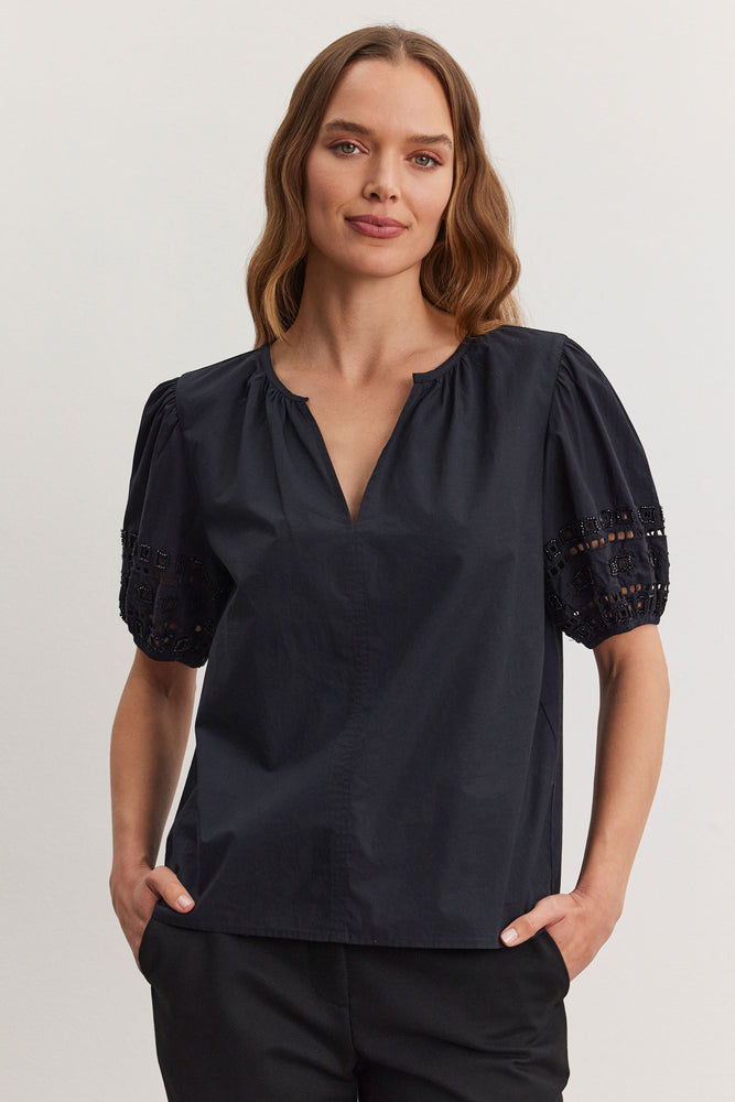 Velvet Black Beaded Cotton Blouse