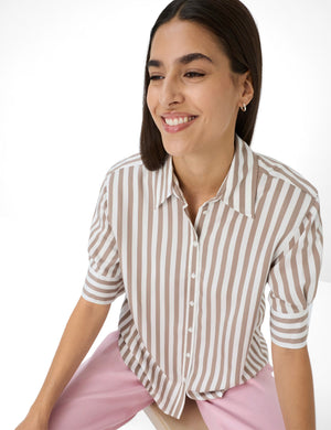 Brax Villy Striped Shirt - Taupe/White
