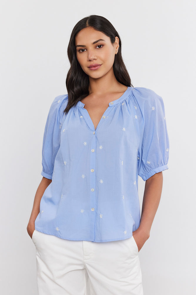 Velvet Blue/White Blouse